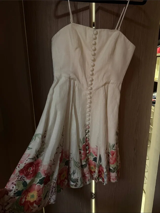 Zimmermann Cream Spaghetti-Strap Midi Dress With Pink Floral Hem in white|pink from Poshmark