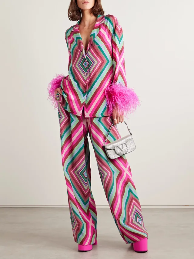 VALENTINO GARAVANI Feather-trimmed printed silk crepe de chine shirt in Pink, photo 2 of 2 from NET-A-PORTER (Canada)