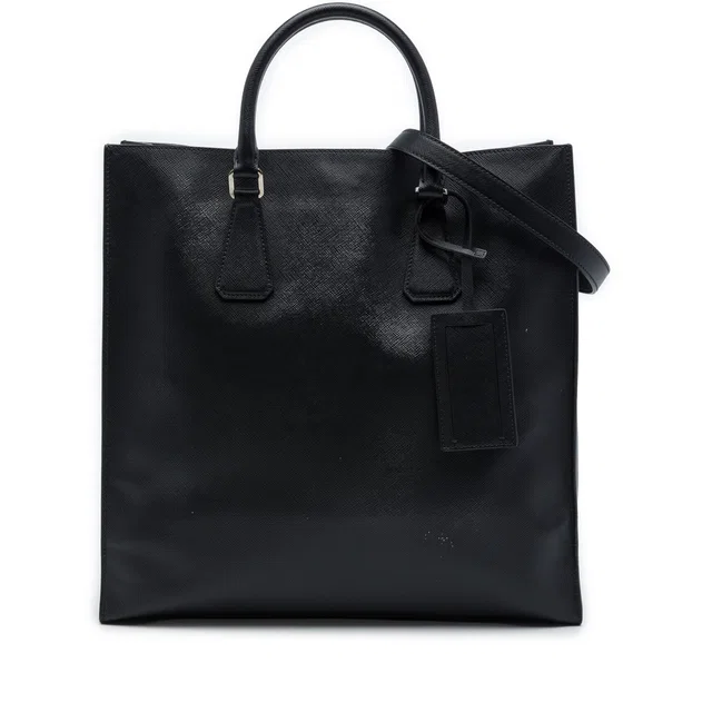 Black Prada Saffiano North South Tote Satchel in Black Saffiano leather from Designer Revival