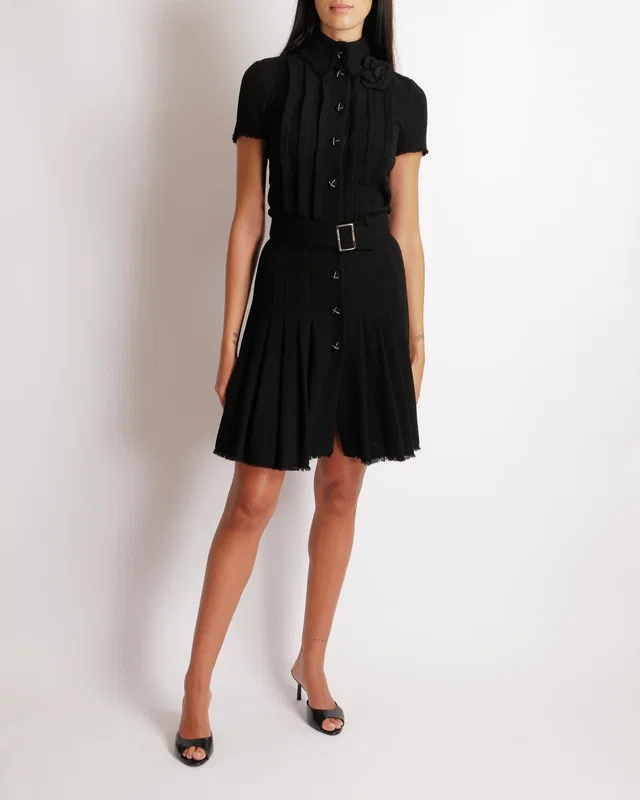 Chanel 07/AW Black Wool Belted Short-Sleeved Mini Dress with Black and Silver CC Logo Buttons and… in Black Wool from Sellier