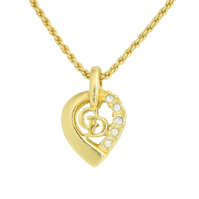Dior Rhinestone Teardrop Logo Necklace Gold in Gold from VINTAGE QOO TOKYO