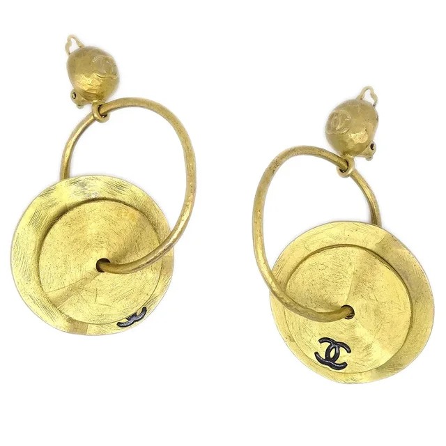 Chanel Dangle Hoop Earrings Clip-On Gold 94A in Gold from AMORE Vintage Tokyo