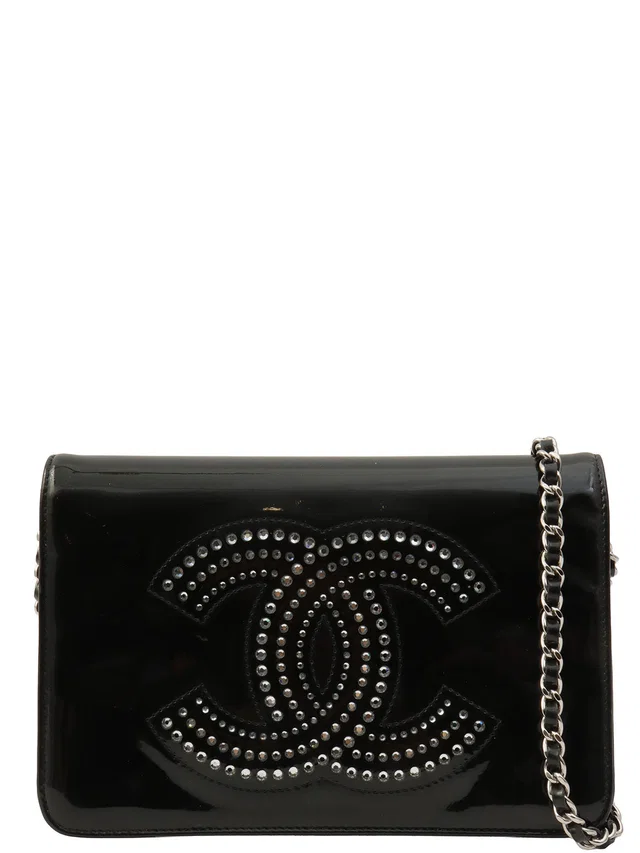 Chanel Circa 2009 Rhinestone CC Mark Chain Wallet, Black in Black Patent leather from VINTAGE QOO TOKYO