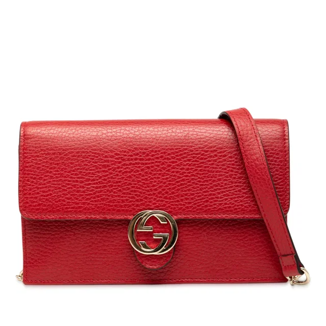 Red Gucci Leather Interlocking G Dollar Wallet on Chain in Red Leather from Designer Revival