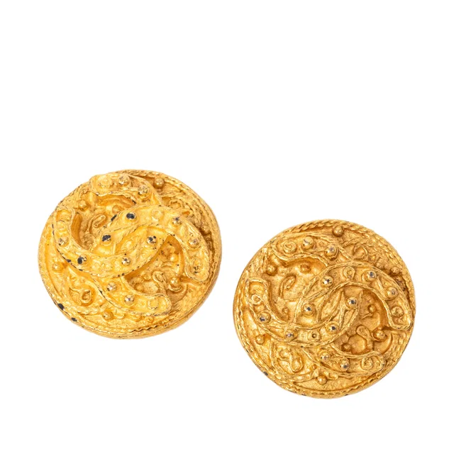 Gold Chanel CC Gold Plated Arabesque Round Clip On Earrings in Gold from Designer Revival