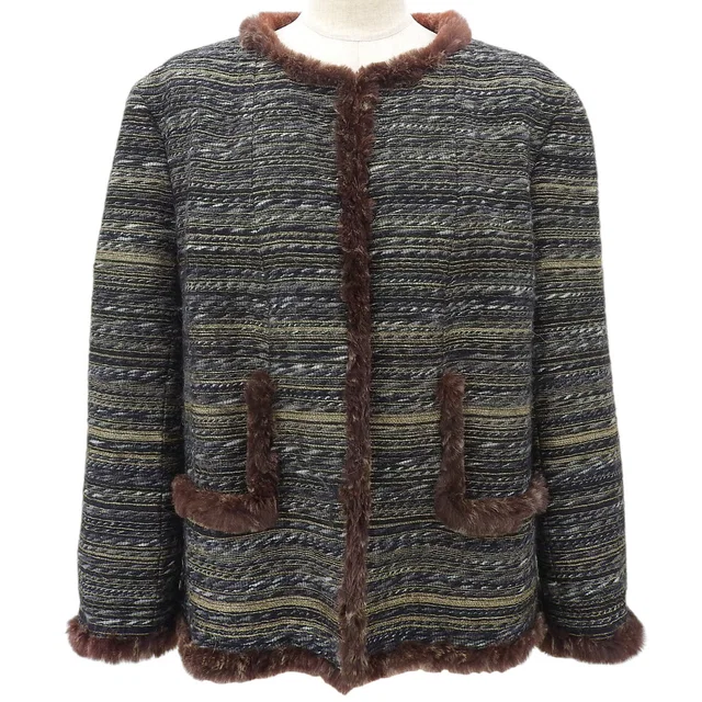 Chanel 2005 Tweed CC Mark Button Fur Trim Collarless Jacket #48 Brown/Grey in Brown Tweed from VINTAGE QOO TOKYO