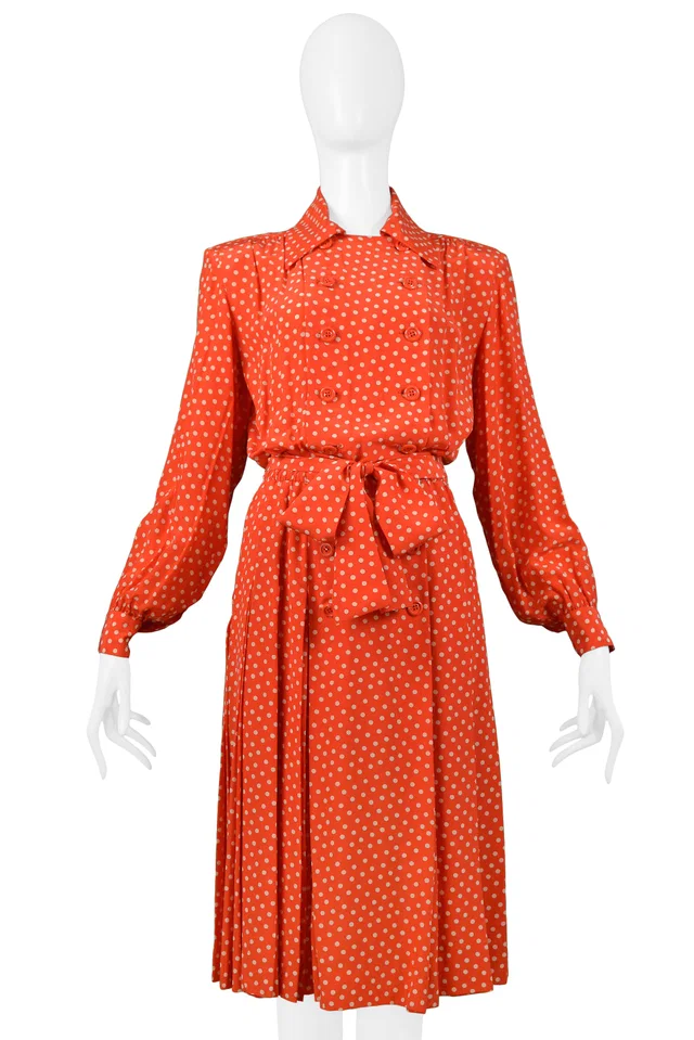 Saint Laurent Red & White Polka Dot Silk Day Dress in White Silk from Resurrection Vintage