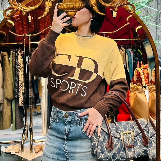 Dior Wool Logo Design Bi-Color Knit Sweater #L Yellow/Brown in Brown Wool from VINTAGE QOO TOKYO