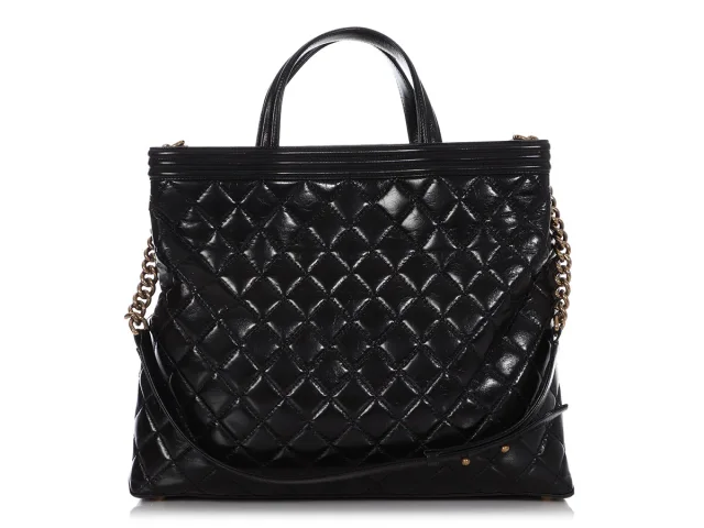 Chanel Large Black Quilted Glazed Calfskin Boy Shopping Tote in Black Calfskin from Ann's Fabulous Finds, photo 4 of 9