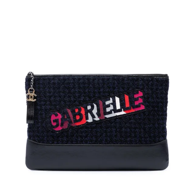 Blue Chanel Large Tweed and Calfskin Embroidered Gabrielle O Case Clutch in Blue Calfskin from Designer Revival