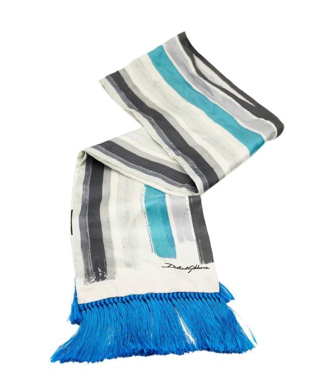 Dolce & Gabbana Blue Striped Fringe Trim Silk Scarf in Blue Silk from Luxury Promise