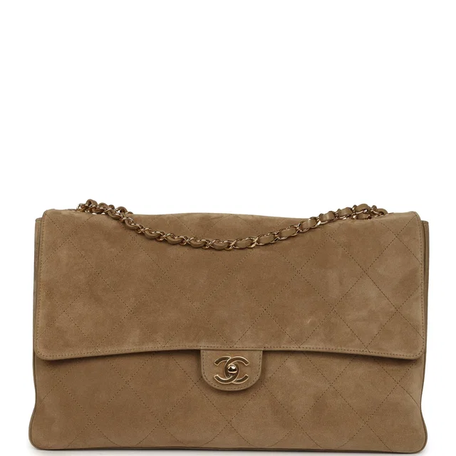 Chanel Maxi "Souplissimo" Large Flap Bag Dark Beige Suede Gold Hardware in Beige Suede from Madison Avenue Couture