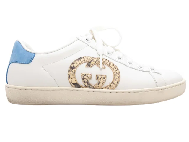 White & Multicolor Gucci Snakeskin-Accented Low-Top Sneakers Size 35 in White Suede from Designer Revival