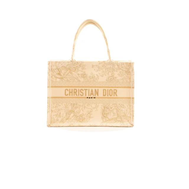 Dior Medium Toile de Jouy Embroidery Book Tote Canvas White/Gold in White Canvas from The Purse Affair