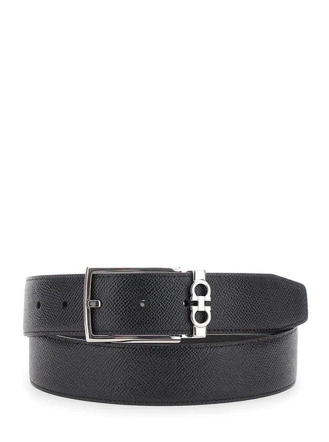 Ferragamo Reversible Gancini Buckle Belt — Black Calf Leather in Black Calfskin from HEWI