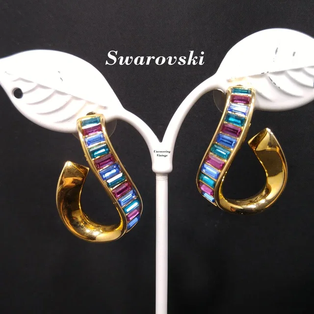 Swarovski Vintage Swan Logo Earrings, Gold Plated Rhinestone Hoop, 1990s Jewelry in blue|gold from Poshmark