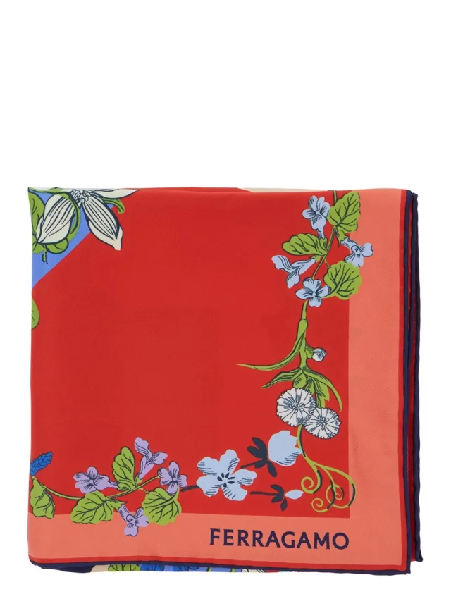 Red Scarf with Floral Print Motif and Lettering Logo in Silk Woman in Red, image 1 of 1 from Gaudenzi Boutique