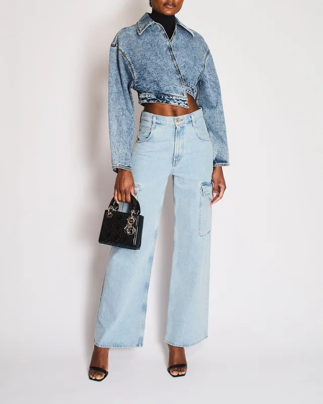 Alaïa Blue Denim Cropped Spiral Jacket Size FR 36 (UK 8) in Blue Denim from Sellier