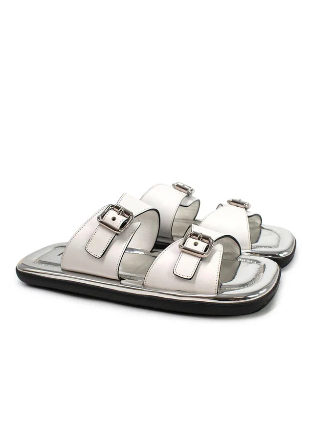 Prada White and Silver Leather Buckle Sandals in White Leather from HEWI