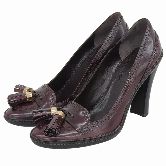 Celine Macadam Plate Tassel Pumps #37 1/2 Bordeaux in Burgundy Leather from VINTAGE QOO TOKYO