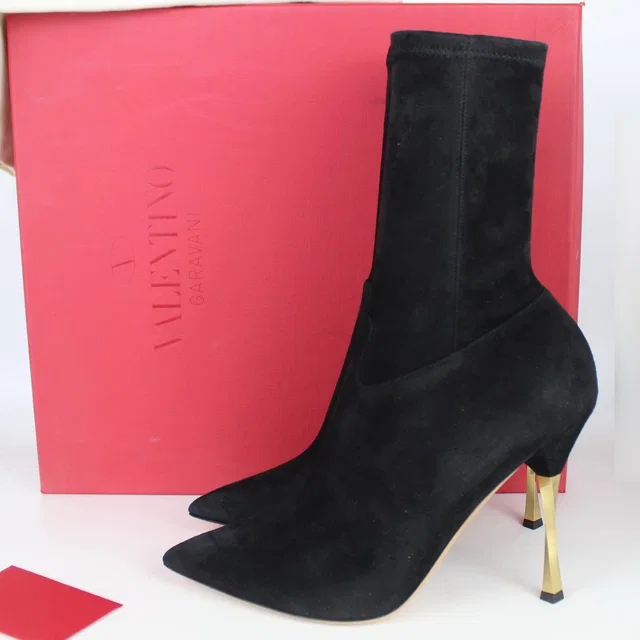New Valentino Garavani Stretch Suede Sock Stiletto Boot Gold Heel | Runway Sleek in black Suede from Poshmark