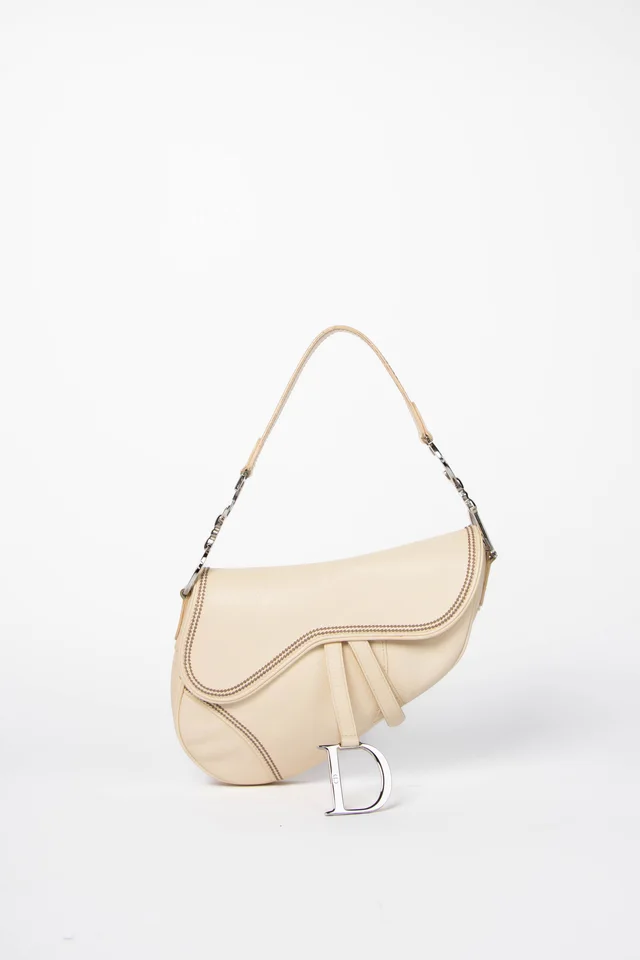 2000s Christian Dior Cream Leather Saddle Shoulder Bag in White Leather from Break Archive