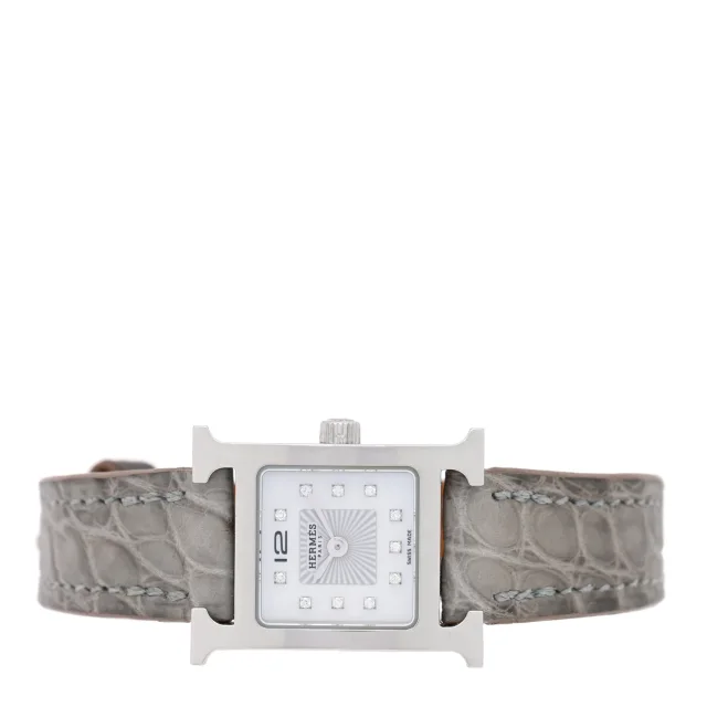 Hermès Stainless Steel Alligator Diamond Mother of Pearl 17.2mm Heure H Hour Quartz Watch Gris Perle in Grey Crocodile from FASHIONPHILE, photo 2 of 5