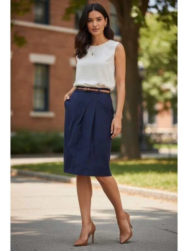 Brunello Cucinelli Navy Blue Pleated Tulip Knee Skirt Sz M Italy Luxury Stretch in blue from Poshmark