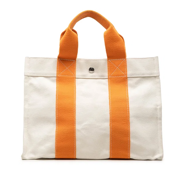 White Hermès Toile Bora PM Tote Bag in White Canvas from Designer Revival