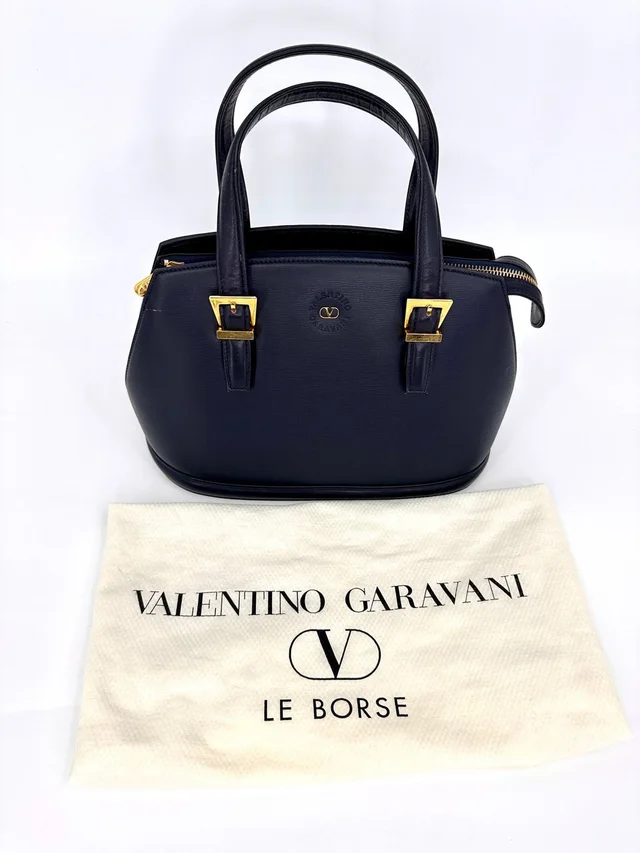 Valentino Garavani Vintage Navy Leather Handbag Gold V Logo Hardware Italy in blue|gold Leather from Poshmark