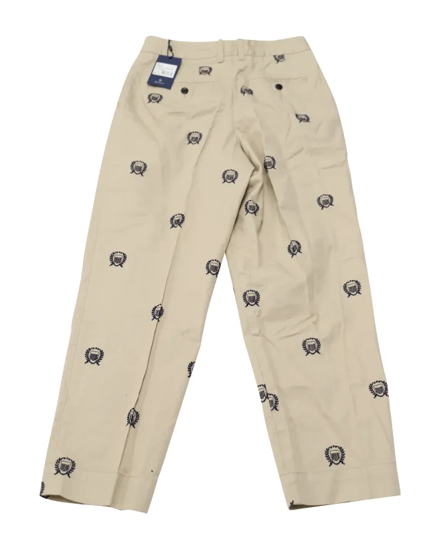 Gant High-Waisted Crest Embroidery Pleated Chinos in Beige Print Cotton in Beige, photo 2 of 6 from ShopSimon