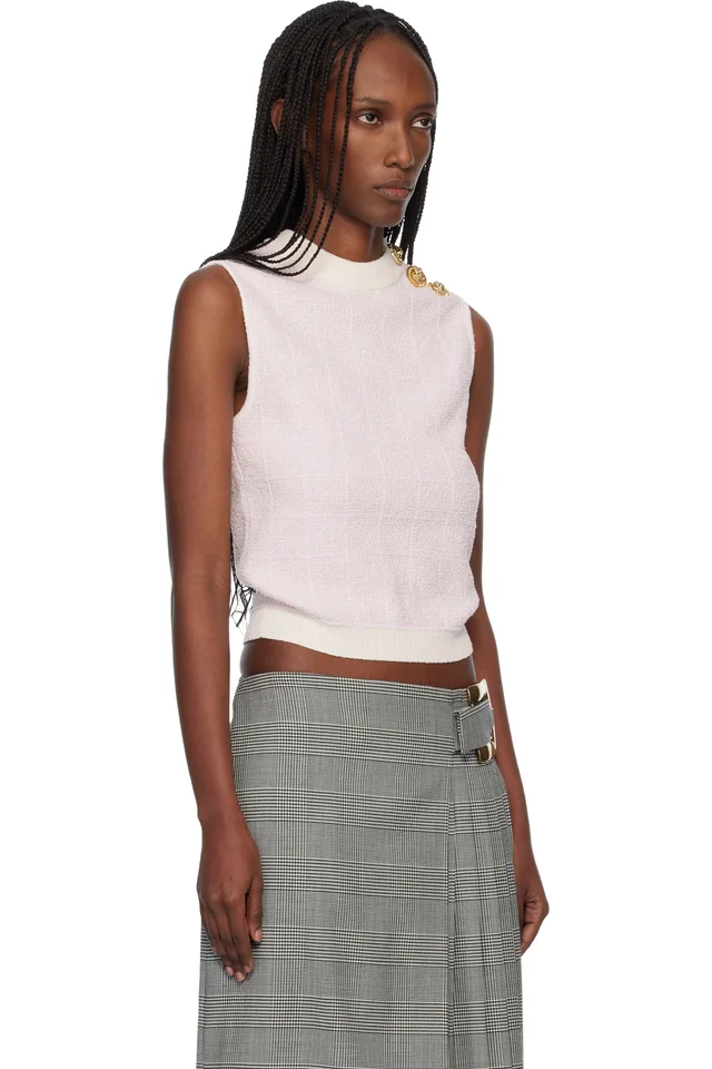 BALMAIN Pink Tweed Button Crop Tank Top, photo 2 of 4 from SSENSE