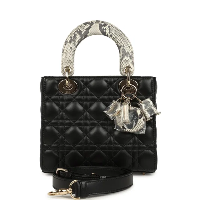 Small Lady Dior Bag Black Cannage Lambskin and Multicolor Python Light Gold Hardware in Black Lambskin from Madison Avenue Couture