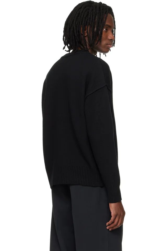 AMI Paris Black Wool Contrasted Ami de Coeur Crewneck Sweater, photo 3 of 4 from SSENSE