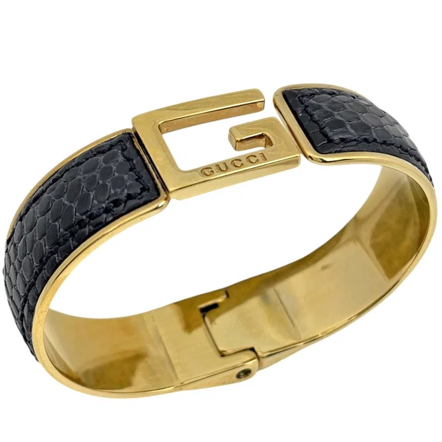 Gucci Bangle Leather Gold Black Bracelet in Black Leather from The Reluxe
