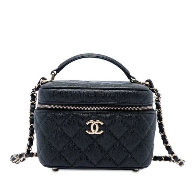 Black Chanel Small Quilted Caviar Top Handle Vanity Case with Chain Satchel in Black Caviar leather from Designer Revival