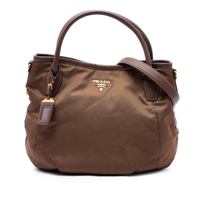 Brown Prada Vitello Daino Trimmed Tessuto Satchel in Brown Nylon from Designer Revival