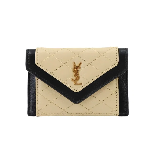 Saint Laurent Gaby Flap Card Case Business Leather Beige Black in Black Leather from The Reluxe