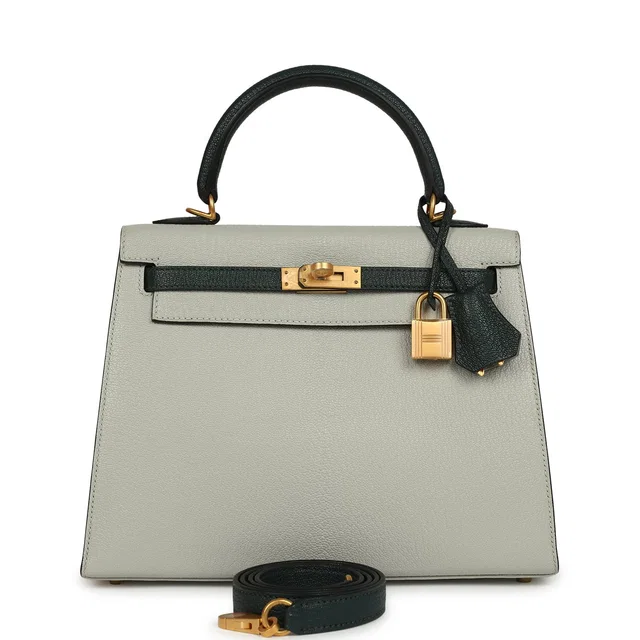 Hermès Special Order (HSS) Kelly Sellier 25 Gris Perle, Vert Titien Chevre Mysore Brushed Gold Hardware in Green Goatskin from Madison Avenue Couture