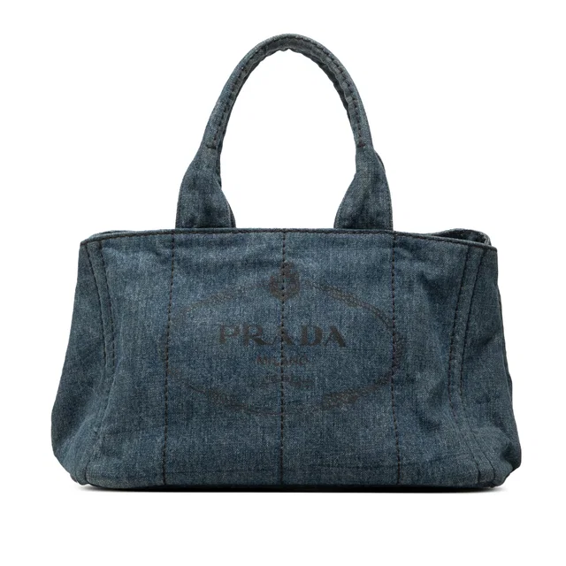 Blue Prada Denim Canapa Logo Tote Satchel in Blue Denim from Designer Revival