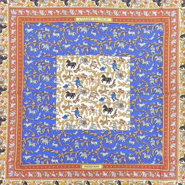 Hermès Carre 90 CHASSE EN INDE Scarf Blue/Multi in Blue Silk from VINTAGE QOO TOKYO, photo 6 of 10