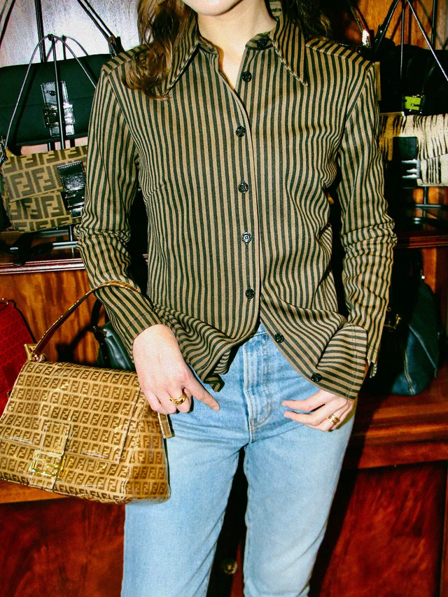 Fendi Stripe Pattern Logo Button Shirt #44 Brown/Black in Black Nylon from VINTAGE QOO TOKYO