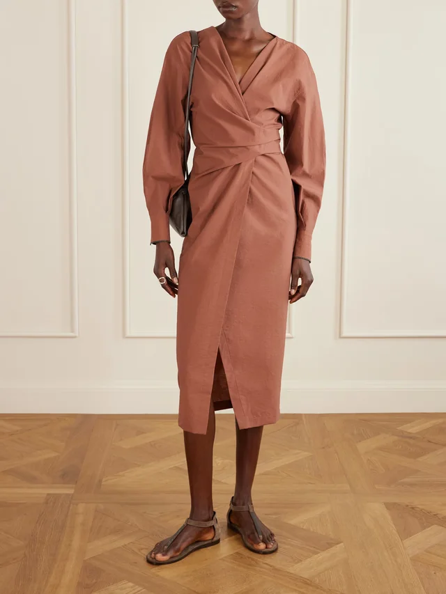 BRUNELLO CUCINELLI Embellished cotton-blend midi wrap dress in Red, photo 2 of 2 from NET-A-PORTER (Canada)