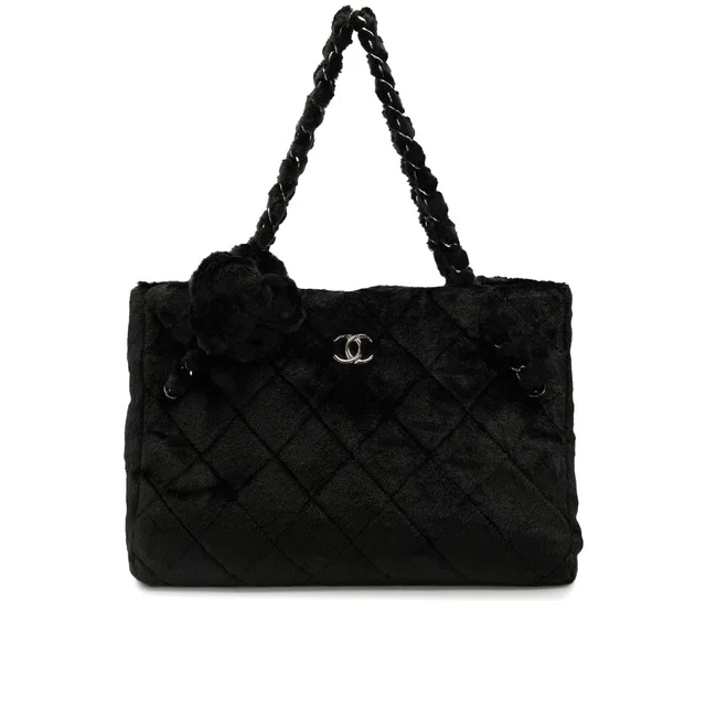 Chanel Matelasse Camellia Chain Tote Bag Black Faux Fur Silver Hardware in Black from Luxury Promise