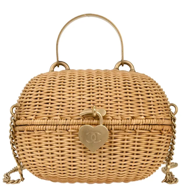 Chanel 2005-2006 Beige Rattan Heart Lock Basket Bag 2way Shoulder Handbag in Beige Raffia from AMORE Vintage Tokyo
