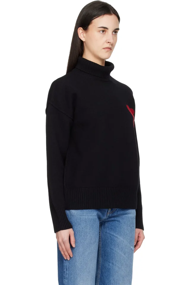 AMI Paris Black Contrast Ami de Coeur Funnel Neck Sweater, photo 2 of 4 from SSENSE