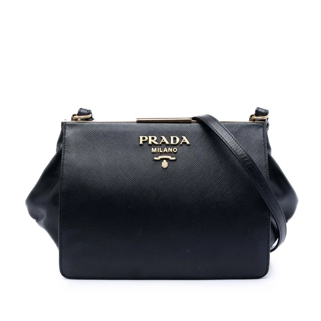 Black Prada Saffiano and City Calf Light Frame Crossbody in Black Saffiano leather from Designer Revival