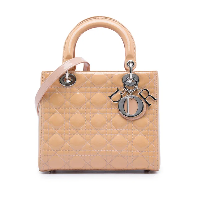 Brown Dior Medium Patent Cannage Lady Dior Satchel in Brown Patent leather from Designer Revival