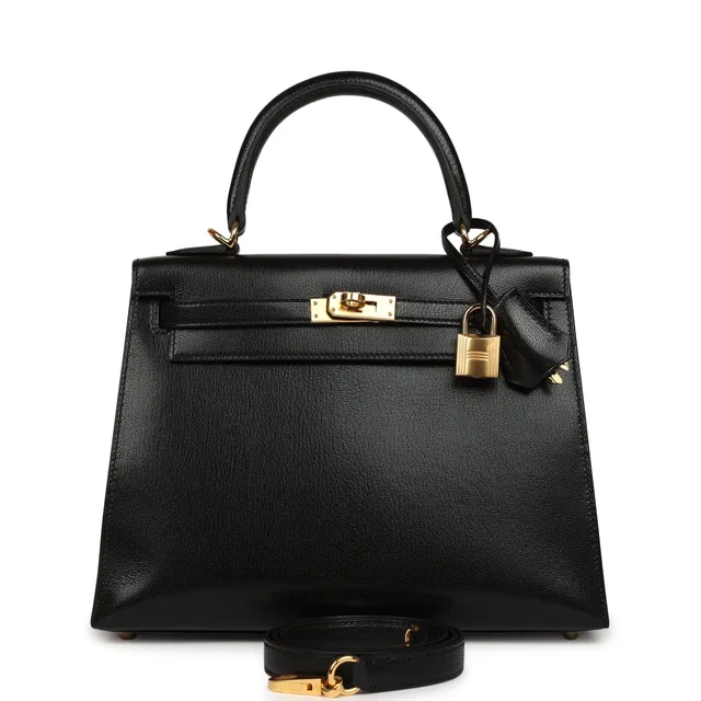 Hermès Kelly Sellier 25 Black Chevre Chamkila Gold Hardware in Black Goatskin from Madison Avenue Couture