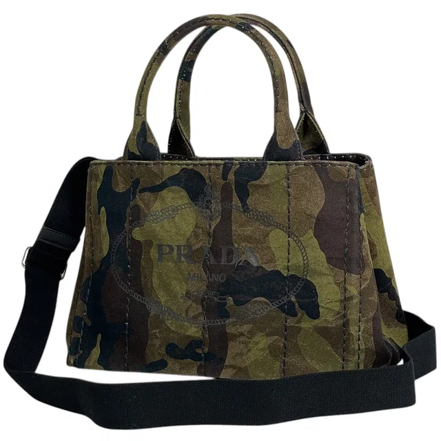 Prada Canapa Tote Bag 2-Way Mini Camouflage Canvas Green Brown in Brown Canvas from The Reluxe